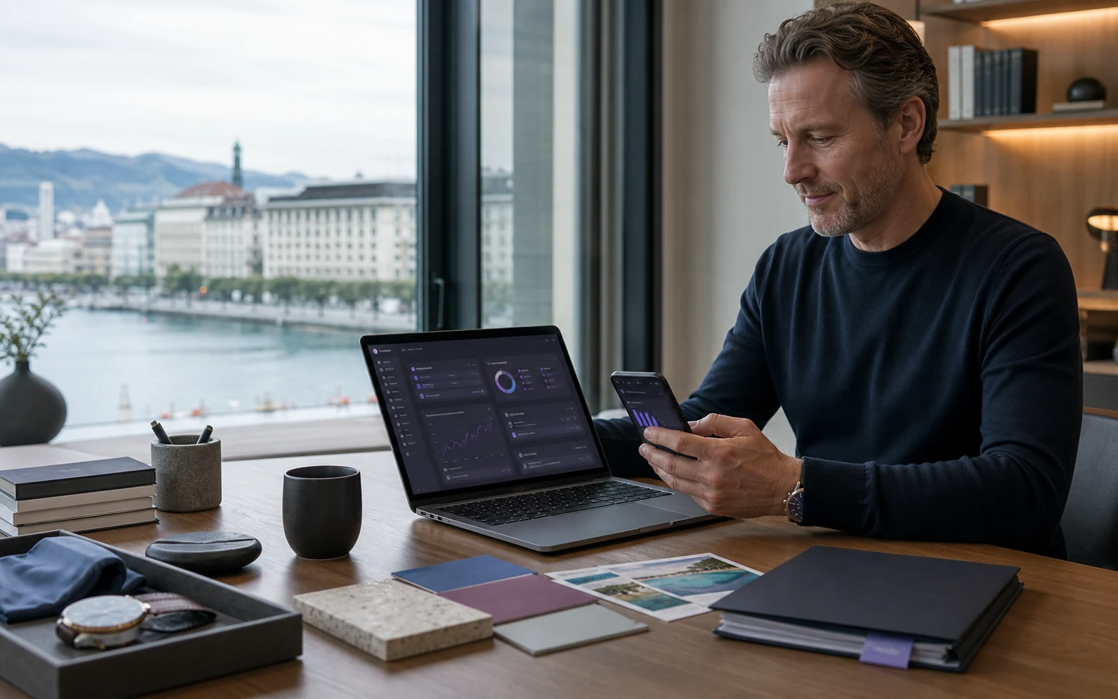 Business leader using an AI business assistant from a modern Swiss workspace