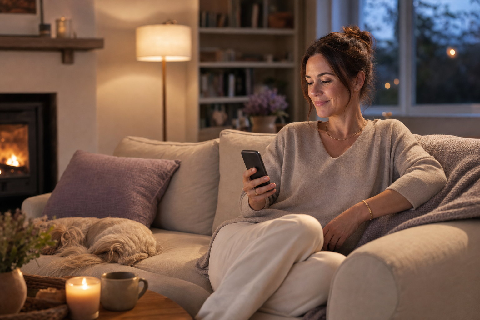 Salon owner relaxing at home while calmly checking the business from her phone