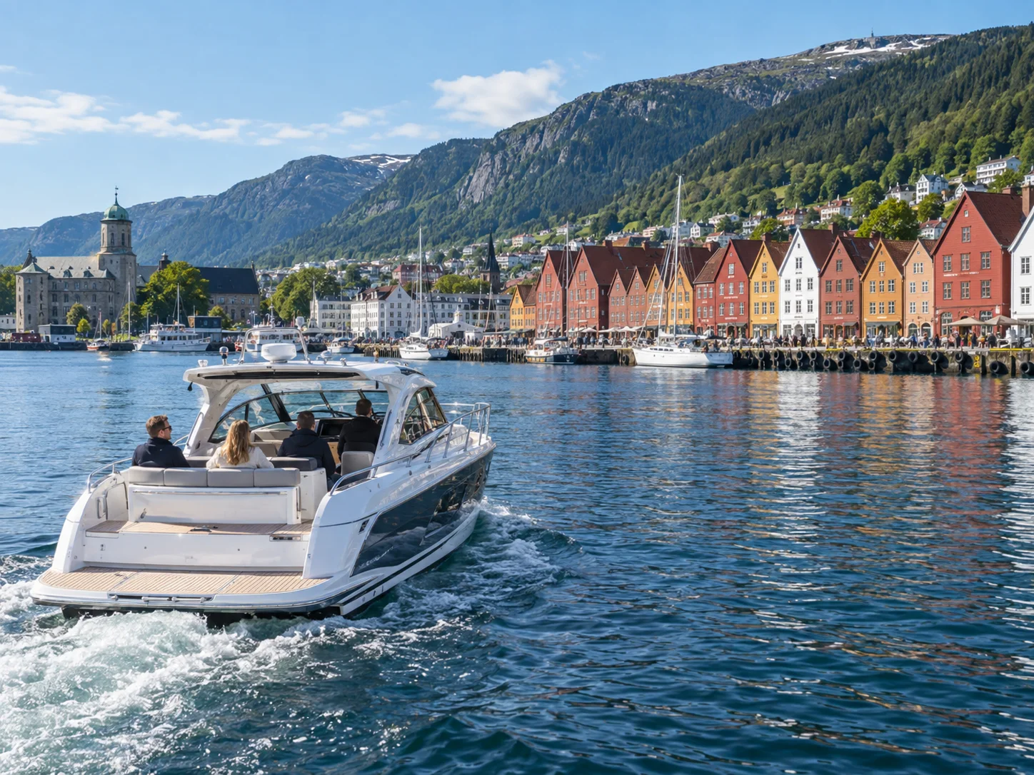 Private yacht leaving Bergen harbour beside the colourful Bryggen waterfront