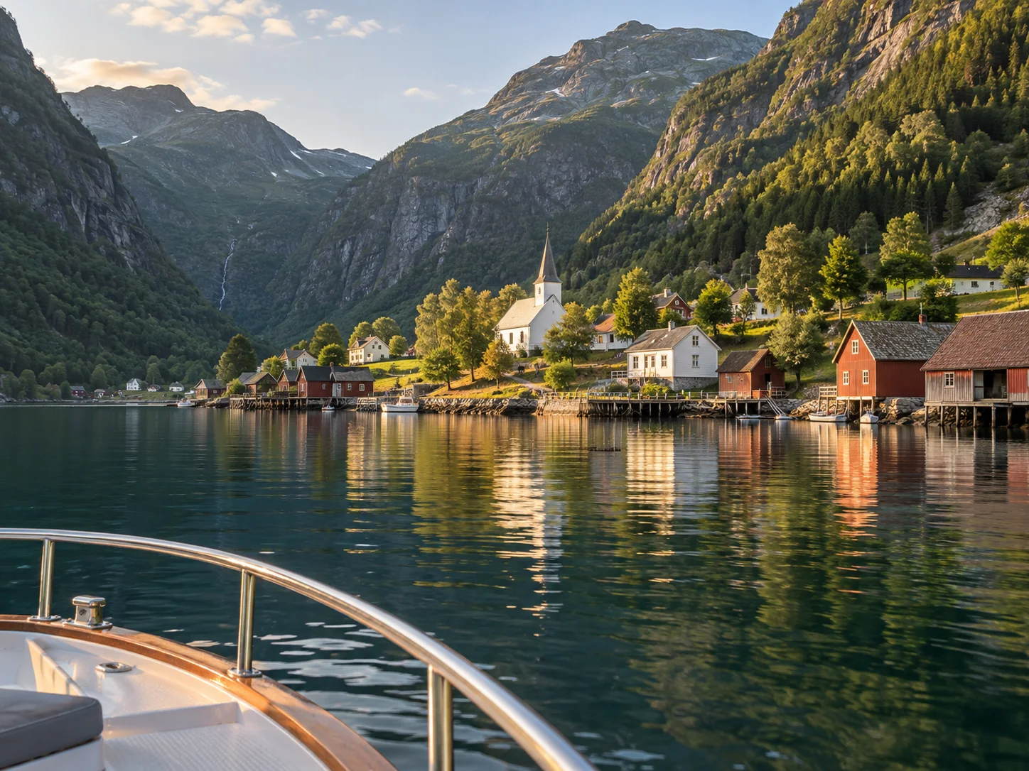 Quiet fjord village of Modalen seen from a boat in warm evening light
