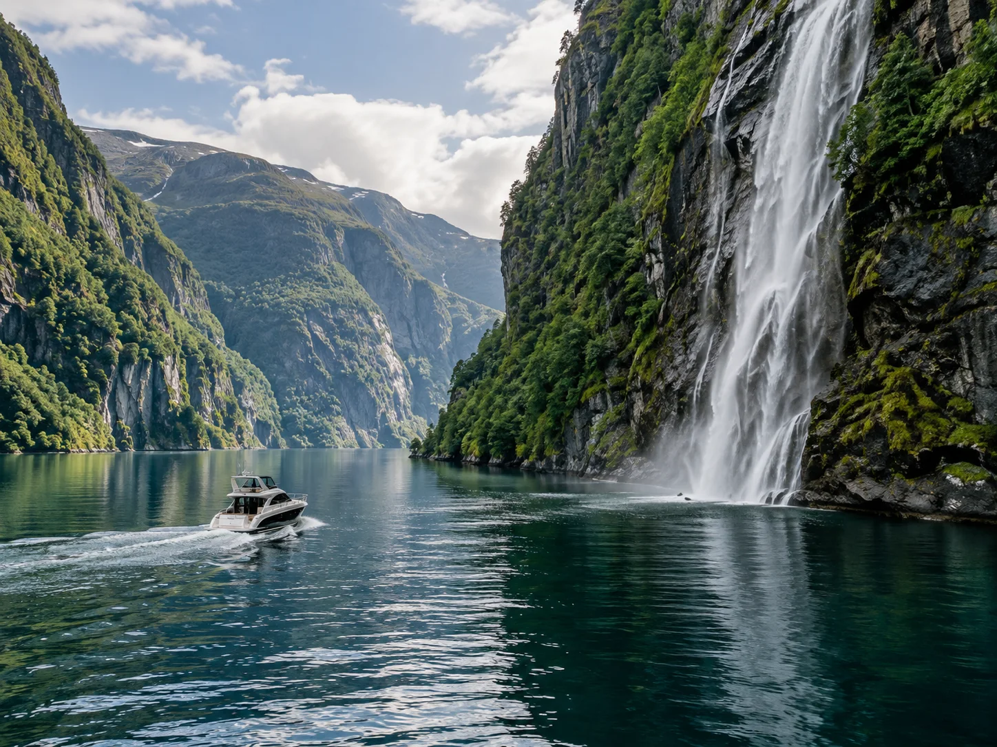 Small yacht passing a tall waterfall in the narrow Mostraumen fjord