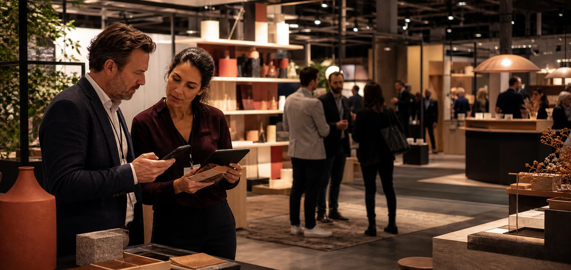 Trade show participants continuing a business conversation with a phone and tablet