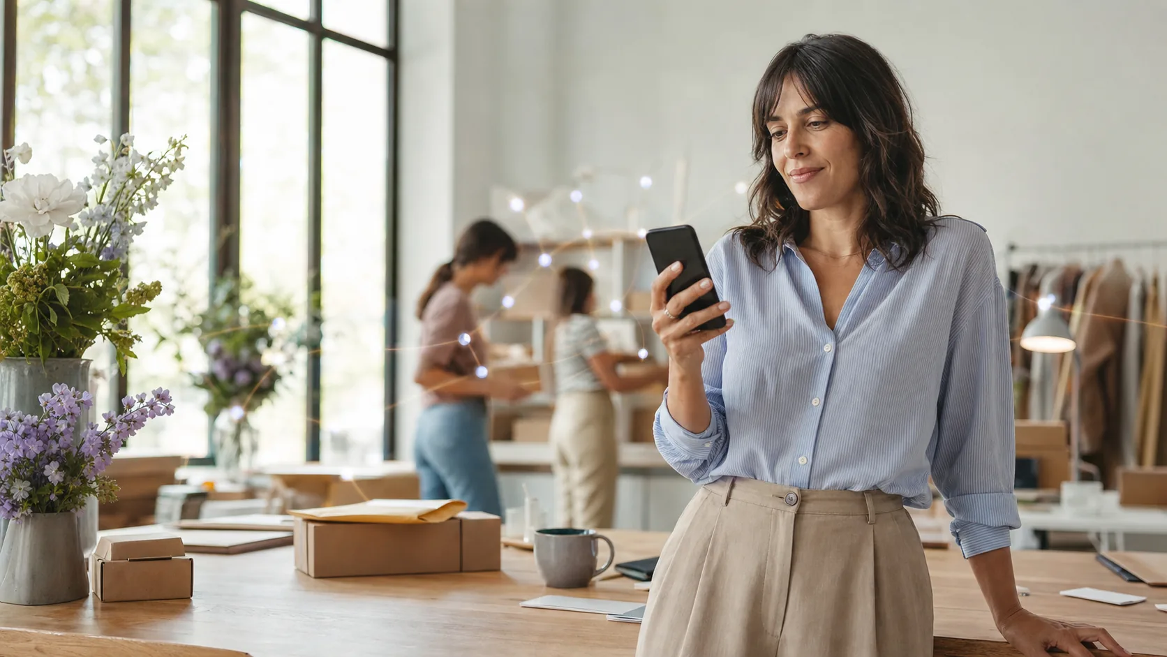 A business owner reviews a prepared action on her phone
