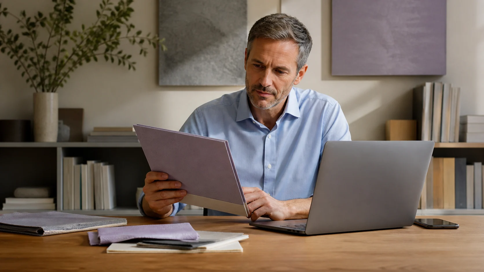 A business owner resuming familiar work with the related project folder and laptop