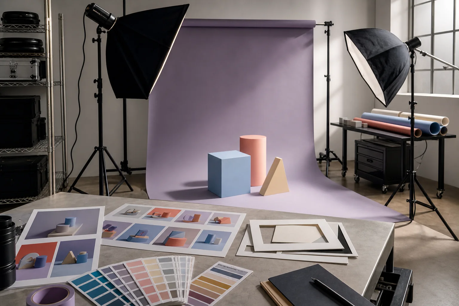 Product image studio with lighting, a colour palette and test shots