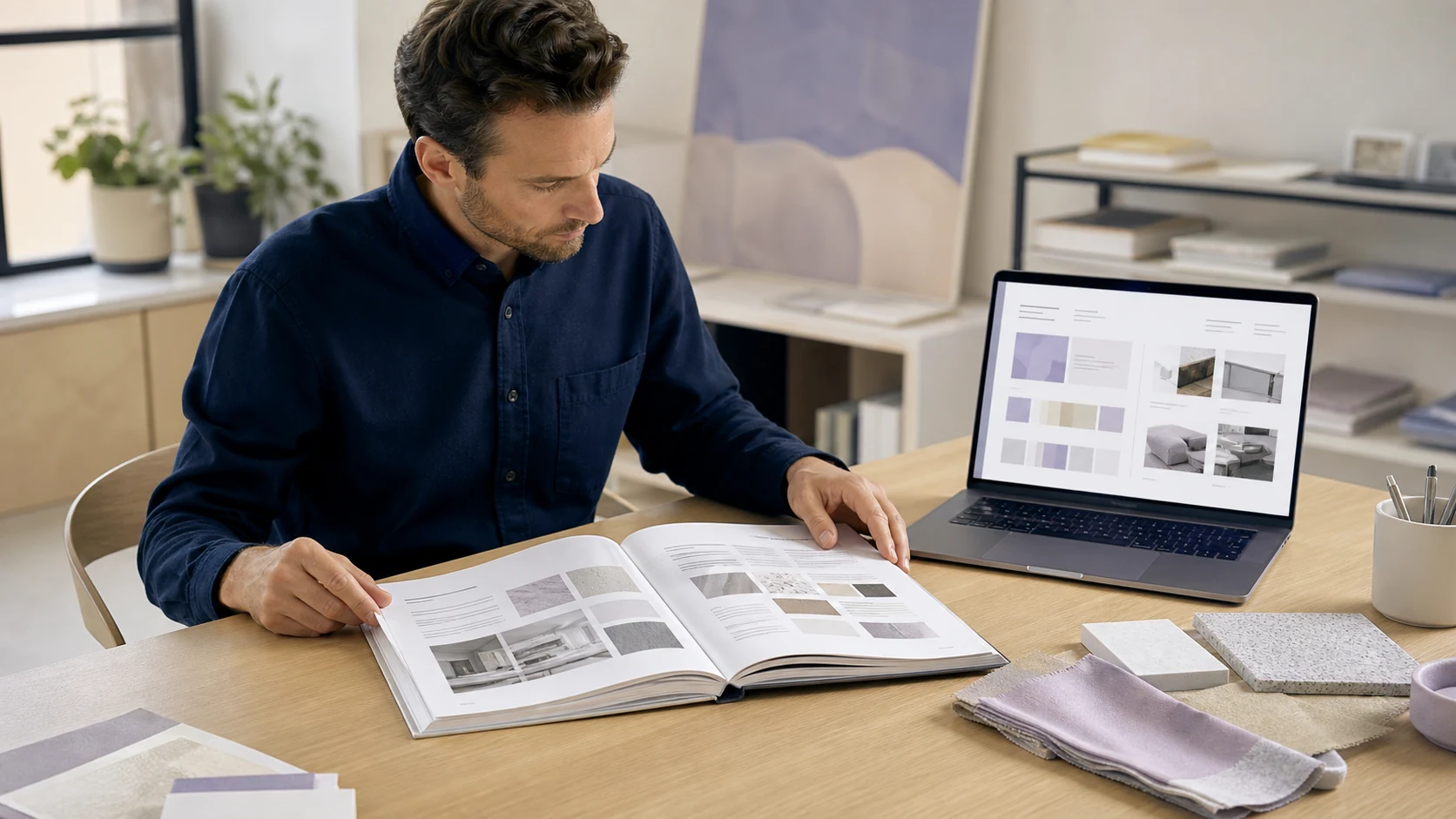 A product manager reviewing a two-page supplier catalogue beside organised digital product information
