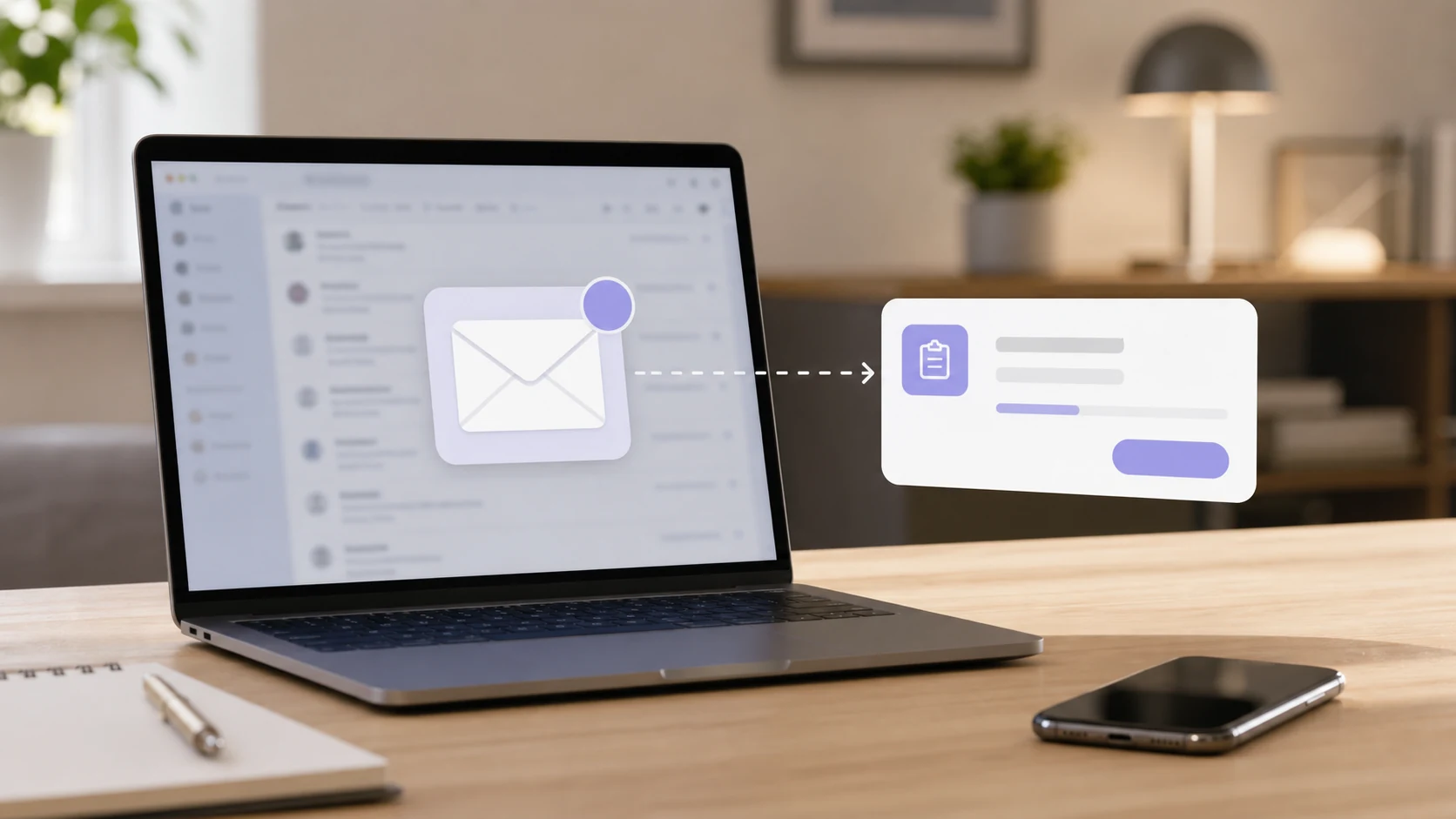 A laptop receiving an important email and turning it into a task in a business system