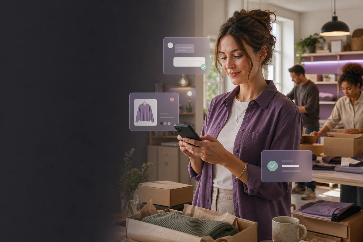 Online store owner using her phone while customer support, product selection and business tasks move forward