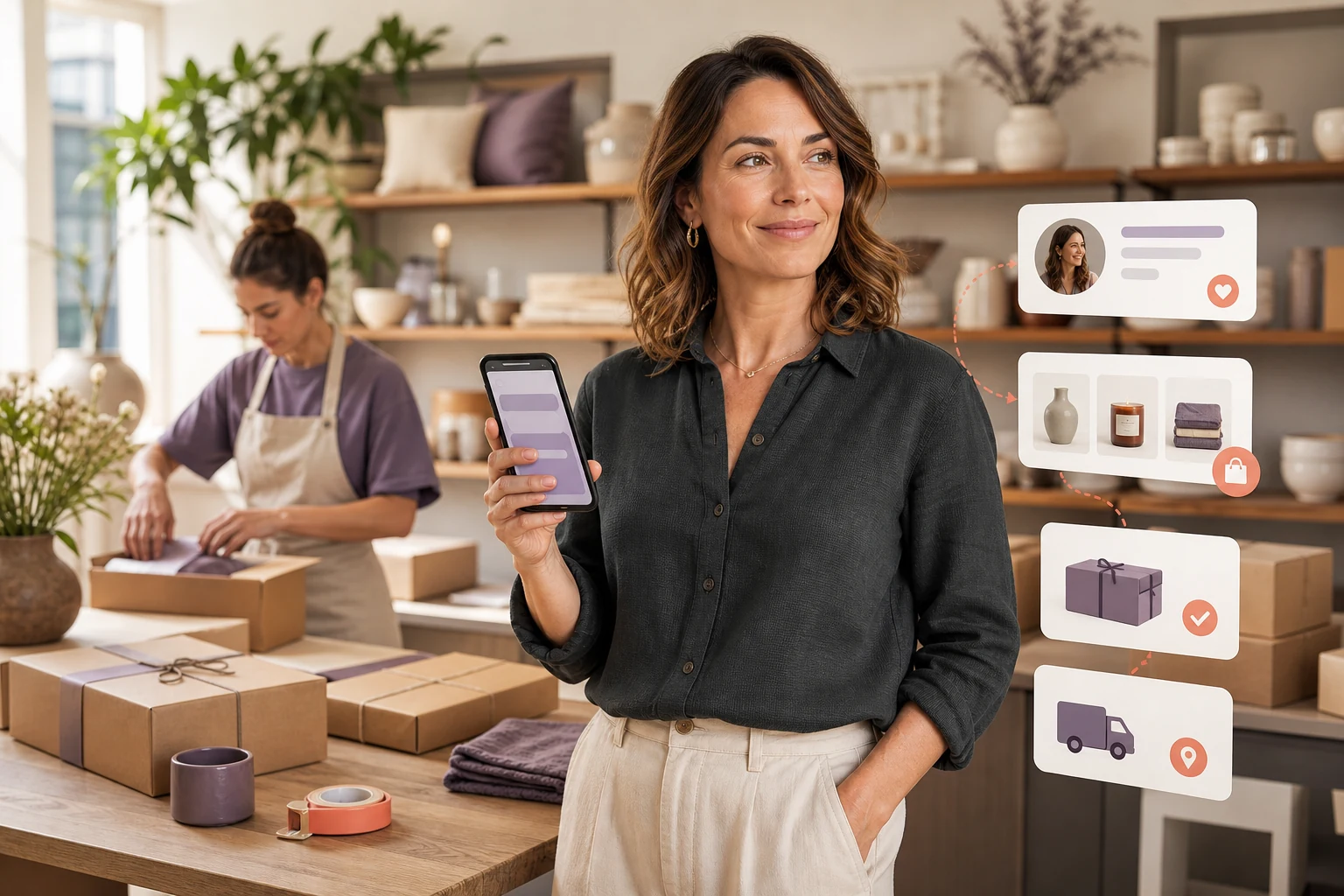 Online store owner checking orders from a phone while the team prepares parcels