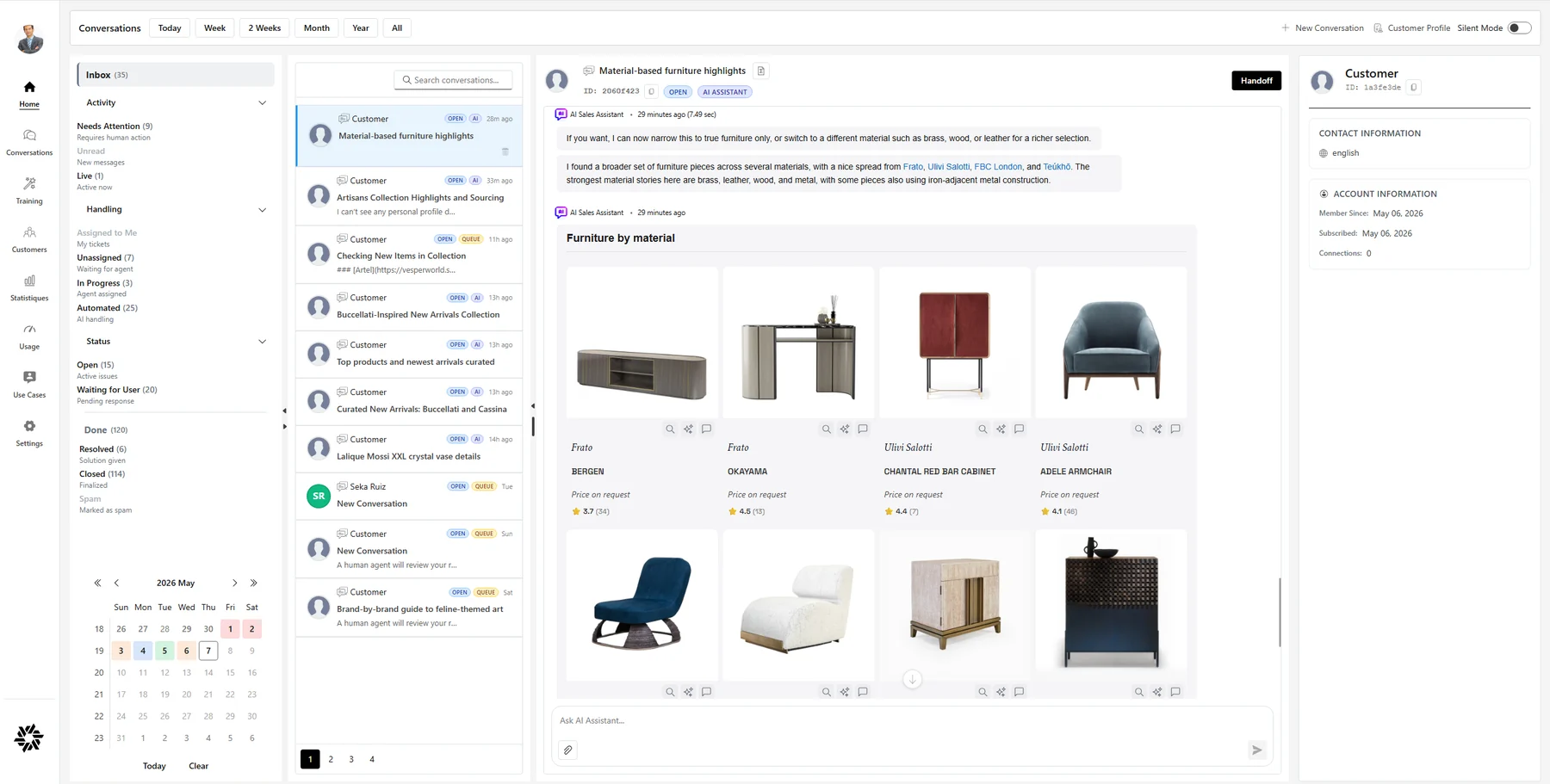 Customer conversation inbox with grounded answers and human handover controls